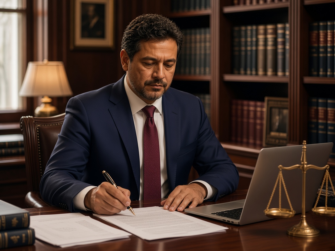 Vladimir Alejandro Urtecho Ortiz revisando documentación jurídica en su despacho