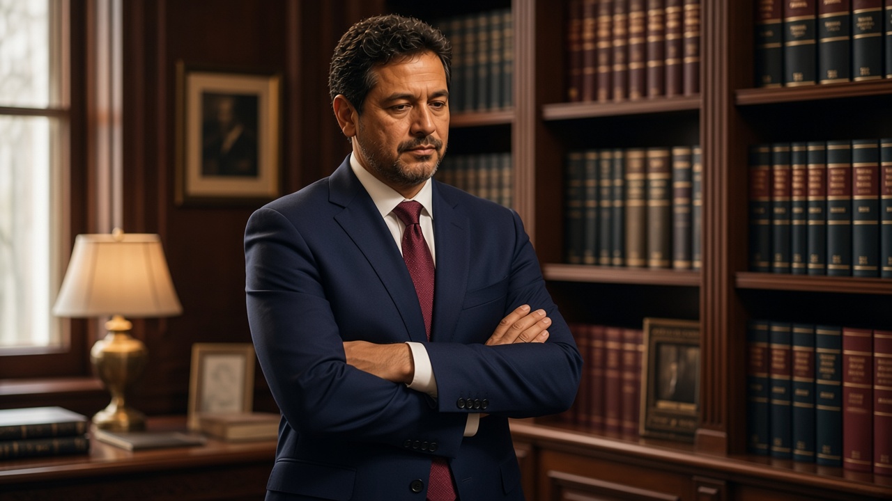 Vladimir Alejandro Urtecho Ortiz en su despacho jurídico de Málaga, junto a la biblioteca legal
